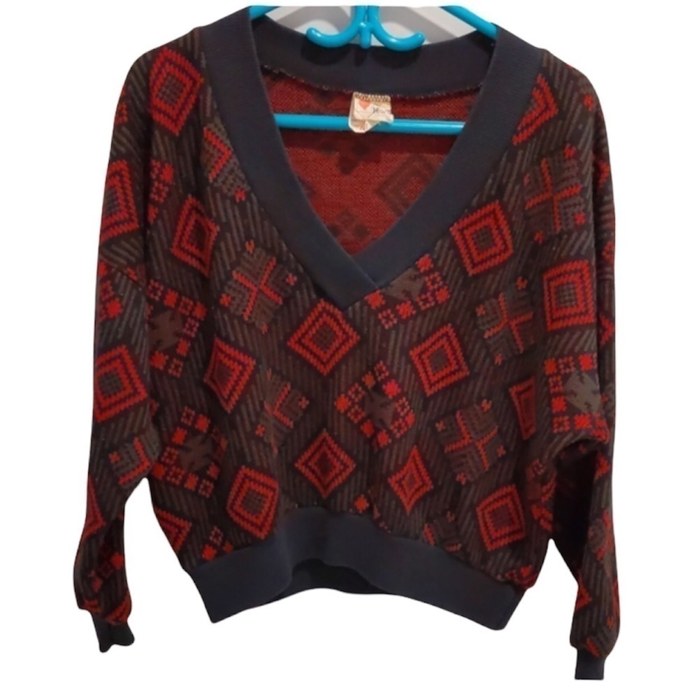 Vintage Oversized Geometric Aztec Cropped Red Sweater